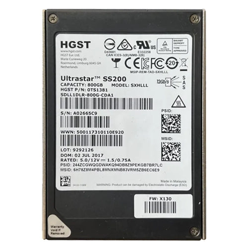 0TS1381 HGST Ultrastar SS200 800GB Multi-Level Cell SAS 12Gb/s Mixed Use (SED/TCG Encryption) 2.5-Inch Solid State Drive