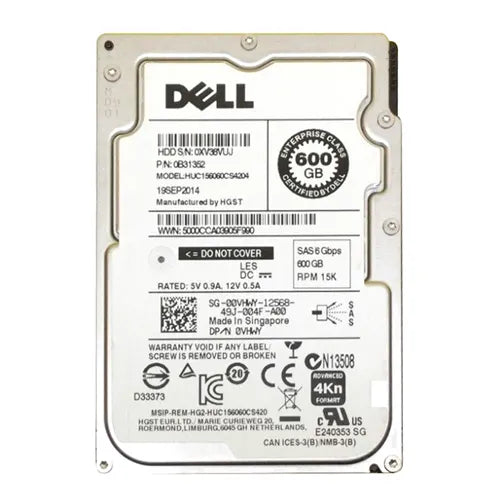 0VHWY Dell 600GB 15000RPM SAS 12Gb/s Hot-Pluggable 128MB Cache 2.5-Inch Hard Drive with Tray for PowerEdge Servers