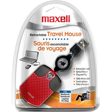 191034 Maxell Travel Mouse Optical Wired Red USB 800 dpi Scroll Wheel