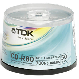 CD-R80BCB50 TDK 700MB 48x CD-R Optocal Media (50-Pack)
