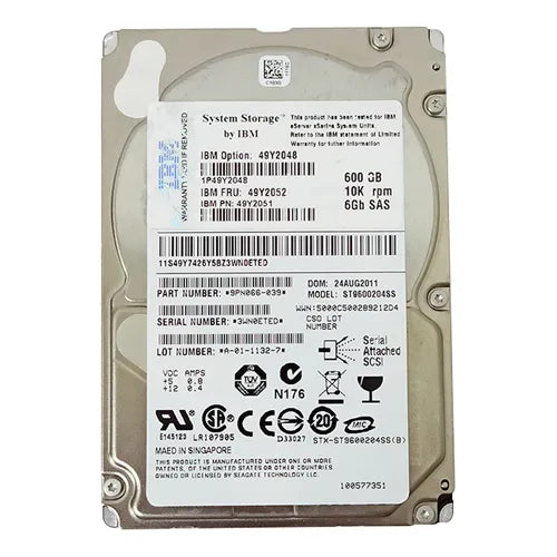 49Y2048 IBM 600GB 10000RPM SAS 6Gb/s Hot Swappable 2.5-Inch Hard Drive