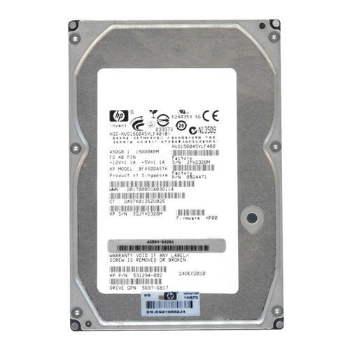 531294-002 HP 450GB 15000RPM Fibre Channel 4Gb/s Dual Port Hot Swappable 3.5-Inch Hard Drive