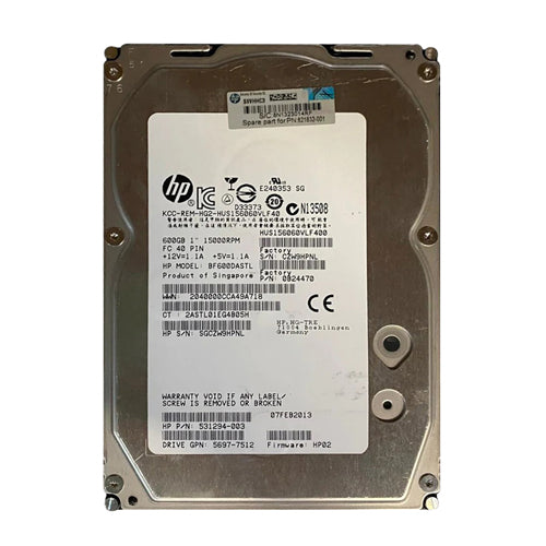 531294-003 HP 600GB 15000RPM Fibre Channel 4Gb/s Hot-Pluggable Dual Port 3.5-inch Hard Drive with Tray for StorageWorks EVA M6412A