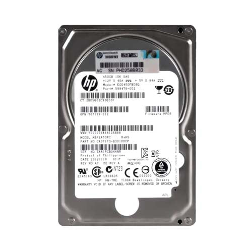 599476-002 HP 450GB 10000RPM SAS 6Gb/s Hot-Pluggable Dual Port SFF 2.5-Inch Enterprise Hard Drive with Tray for Gen1/7 ProLiant Server/Storage Array