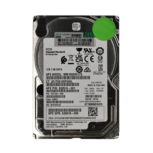 625618-006 HP 1TB 7200RPM SATA 6Gb/s SFF Hot-Pluggable 2.5-inch Midline Hard Drive with Tray for Gen8/10 ProLiant Server