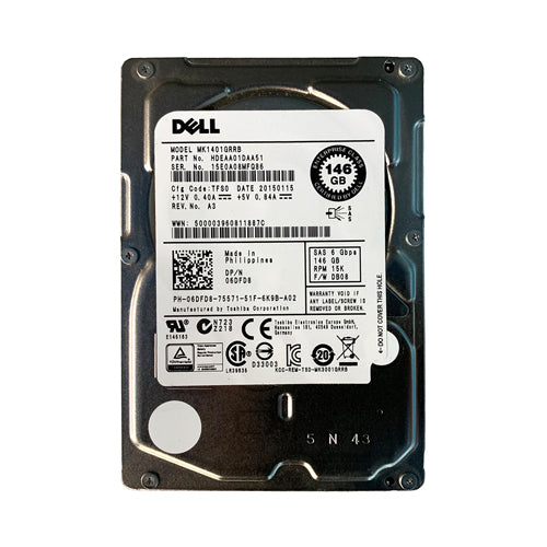 6DFD8 Dell 146GB 15000RPM SAS 6Gb/s Hot-Pluggable Single Port (512n) 2.5-Inch Hard Drive with Tray for PowerEdge Server & PowerVault Storage Array