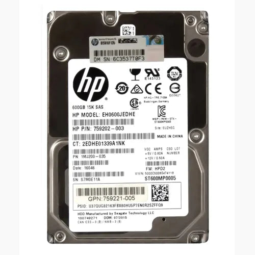 759202-003 HP 600GB 15000RPM SAS 12Gb/s Hot-Pluggable 512n 3.5-Inch Enterprise Digitally Signed Hard Drive for ProLiant Servers