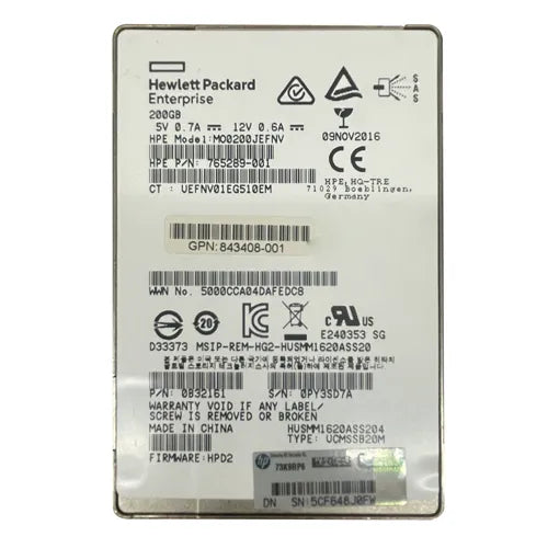 765289-001 HP 200GB Multi-Level Cell SAS 12Gb/s Hot Swappable Mainstream Endurance 2.5-Inch Solid State Drive with Smart Carrier for ProLiant Server Gen8