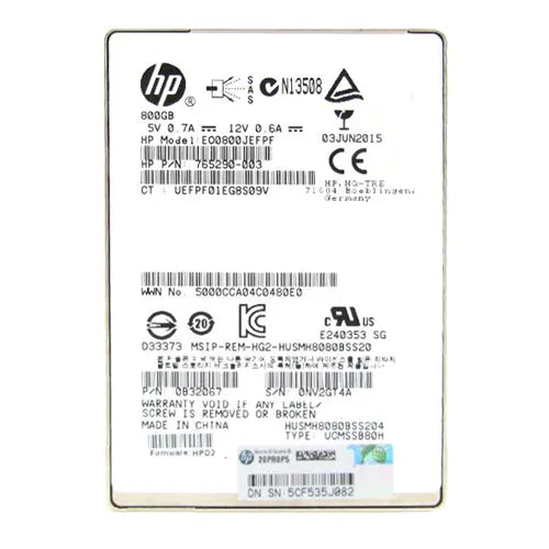 765290-003 HP 800GB SAS 12Gb/s Hot Pluggable Write Intensive SFF 2.5-Inch Solid State Drive for ProLiant Server ML570 Gen7
