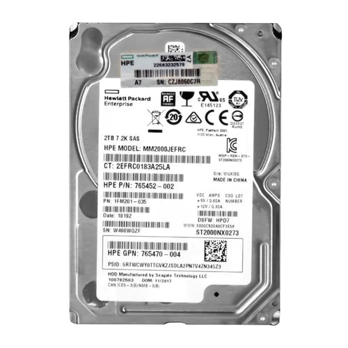 765470-004 HP 2TB 7200RPM SAS 12Gb/s 512e 2.5-Inch Hard Drive with Smart Carrier