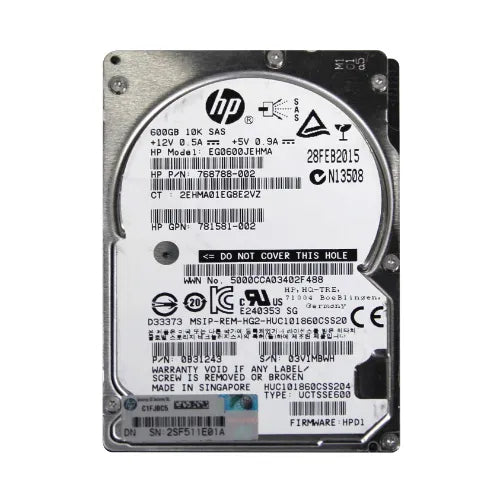 768788-002-NC - HP 600GB 10000RPM SAS 12Gb/s Hot-Pluggable SFF 2.5-inch Enterprise Hard Drive with Smart Carrier for Gen8/9 ProLiant Server/MSA Storage Array