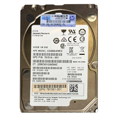 781581-001 HP 600GB 10000RPM SAS 12Gb/s 128MB Cache Hot-Swappable Dual Port SFF 2.5-inch Enterprise Hard Drive