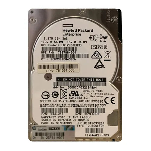781581-003 HP 1.2TB 10000RPM SAS 12Gb/s Dual Port SFF 2.5-inch Enterprise Hard Drive with Smart Carrier for ProLiant Server