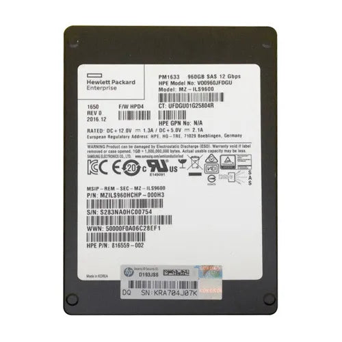 816559-002 HP 960GB SAS 12Gb/s Hot Swappable Read Intensive 2.5-Inch Solid State Drive with Smart Carrier for ProLiant DL560 Gen10
