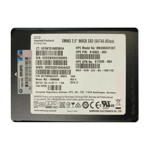 816962-004 HP 960GB Multi-Level Cell SATA 6Gb/s Hot Pluggable Mixed Use-3 SFF 2.5-Inch Solid State Drive with 2.5-Inch Smart Carrier for ProLiant BL420c Gen9