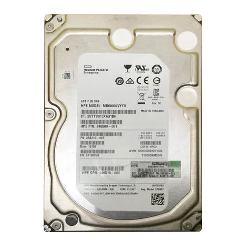 846519-002 HP 6TB 7200RPM SAS 12Gb/s Hot-Swappable LFF 3.5-inch Midline Hard Drive with Tray