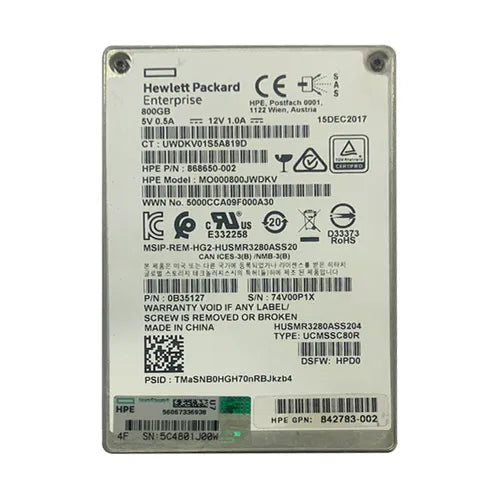 868650-002 HP 800GB SAS 12Gb/s Mixed Use SFF 2.5-Inch Solid State Drive with Hot Pluggable with Smart Carrier for ProLiant BL460c Gen10