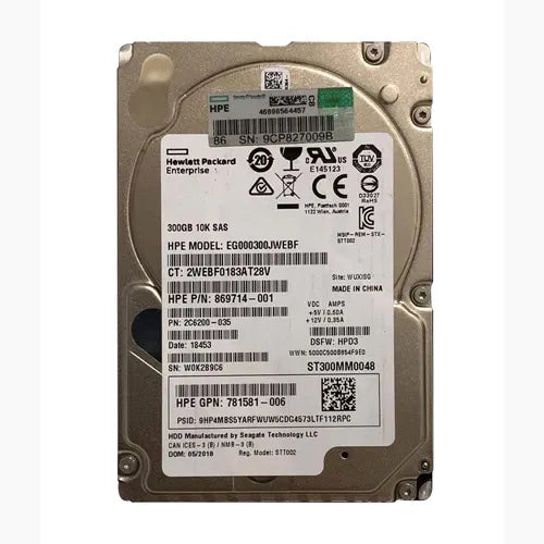 869714-001 HP 300GB 10000RPM SAS 6Gb/s SFF Hot-Pluggable Dual Port 2.5-inch Hard Drive with Smart Carrier for Gen8 to Gen9 ProLiant Server