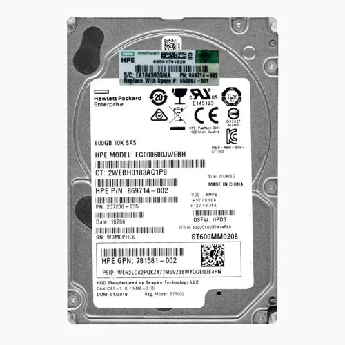 869714-002 HP 600GB 10000RPM SAS 12Gb/s Hot Pluggable 2.5-Inch Hard Drive for SAN Storage Array