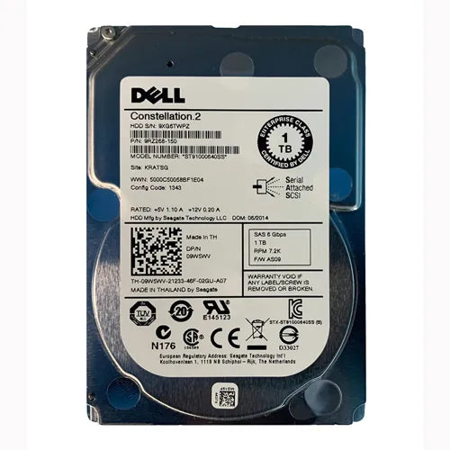9W5WV Dell 1TB 7200RPM SAS 6Gb/s Hot-Swappable 64MB Cache 2.5-Inch Hard Drive for PowerEdge Servers