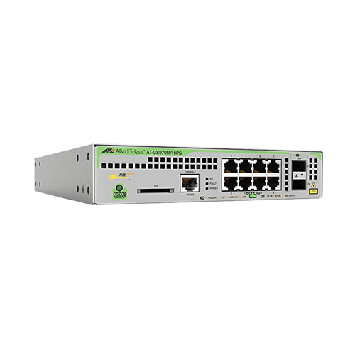 AT-GS970M/10PS-40 Allied Telesis CentreCOM GS970M Series 8 x Ports 1000Base-T PoE + 2 x Ports SFP Rack-mountable Layer 3 Managed Gigabit Ethernet Network Switch