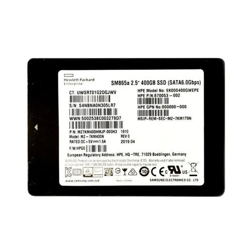 EK000400GWEPE HP 400GB SATA 6Gb/s Write Intensive 2.5-Inch Solid State Drive with Smart Carrier for ProLiant Server BL460c Gen10