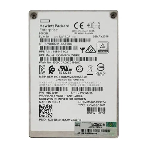 EO000800JWDKQ HP 800GB Multi-Level Cell SAS 12Gb/s Hot Swappable Write Intensive SFF 2.5-Inch Solid State Drive with Smart Carrier for ProLiant XL230k Gen10