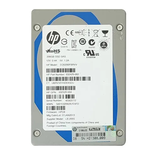 EO0200FBRVV HP 200GB Single-Level Cell SAS 6Gb/s Hot-Pluggable 2.5-Inch Enterprise Solid State Drive for ProLiant Servers