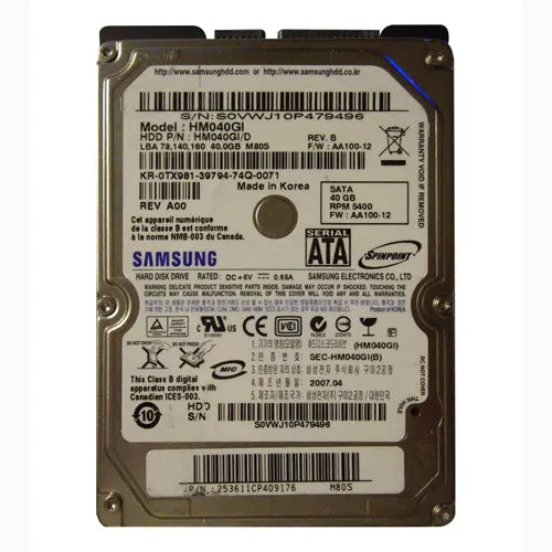 HM040GI Samsung Spinpoint M80S 40GB 5400RPM SATA 1.5Gb/s 8MB Cache 2.5-Inch Hard Drive