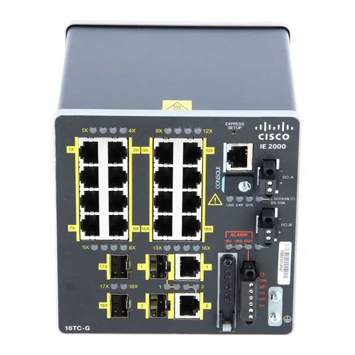 IE-2000-16TC-G-X Cisco Industrial Ethernet IE 2000 Series 16 x Ports RJ-45 10/100Base-TX + 2 x GBE Combo SFP Ports + 2 x SFP FE Ports Layer 2 Managed DIN Rail Mount Fast Ethernet Switch