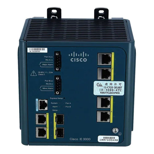 IE-3000-4TC-E-RF= Cisco Industrial Ethernet 3000 Series 4 x FE Ports 10/100Base-TX + 2 x SFP Combo Ports Layer 2 managed DIN rail mountable Fast Ethernet Switch