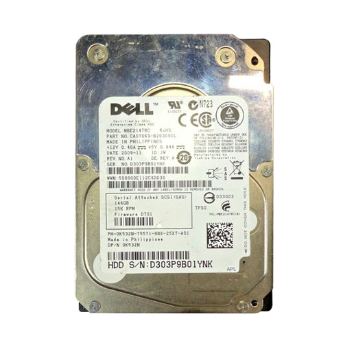 K532N Dell 146GB 15000RPM SAS 3Gb/s Hot-Pluggable Single Port (512n) 2.5-Inch Hard Drive with Tray for PowerEdge Server & PowerVault Storage Array