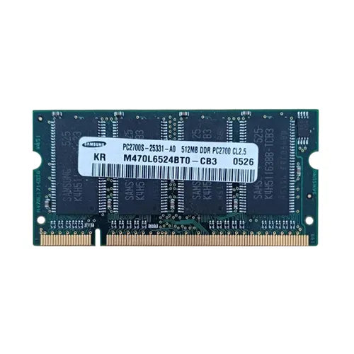 M470L6524BTO-CB3 Samsung 512MB DDR-333MHz PC2700 Non-ECC Unbuffered SODIMM CL2.5 2Rx16 2.5V 200-Pin Memory Module