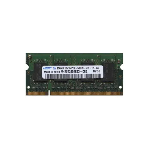 M470T3354EZ3-CE6 - Samsung 256MB DDR2-667MHz PC2-5300 Non-ECC Unbuffered CL5 200-Pin SODIMM Single Rank Memory