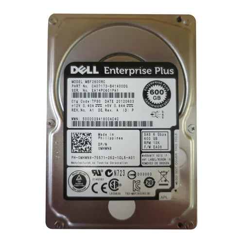 MHWN8 Dell 600GB 10000RPM SAS 6Gb/s Hot-Swappable 64MB Cache 2.5-Inch Hard Drive