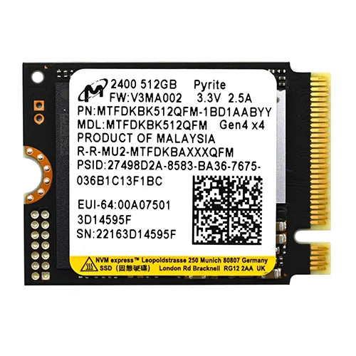 MTFDKBK512QFM-1BD1AABYYR Micron 2400 512GB PCIe NVMe 4.0 x4 M.2 2230 Solid State Drive