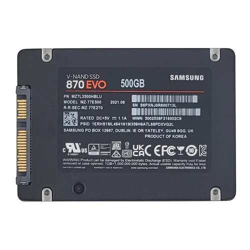 MZ-77E500E Samsung 870 EVO Series 500GB Multi-Level Cell SATA 6Gb/s V-NAND (TCG / OPAL) 2.5-Inch Solid State Drive