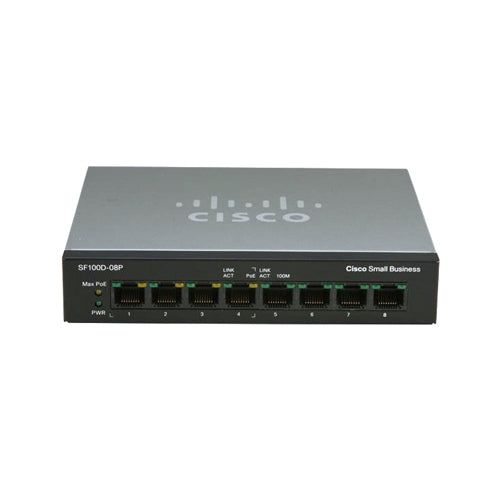 SF100D-08P-AU Cisco Small Business 100 Series SF100D-08P 8 x Ports PoE 10/100Base-T Layer 2 Unmanaged Fast Ethernet Network Switch