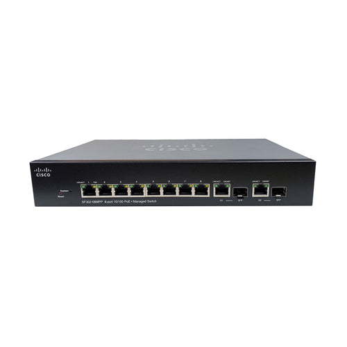 SF302-08MPP-K9-AU Cisco Small Business 300 Series SF302-08MPP 8 x Ports PoE+ 10/100Base-T + 2 x Ports Combo Gigabit SFP Layer 3 Managed Fast Ethernet Network Switch