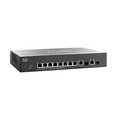 SG300-10MPPK9NA-RF Cisco Small Business 300 Series SG300-10MPP 8 x Ports PoE+ 10/100/1000Base-T + 2 x Ports Combo SFP (mini-GBIC) Rack-mountable 1U Layer 3 Managed Gigabit Ethernet Network Switch