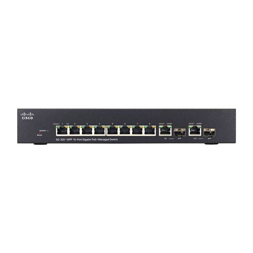 SG300-10PP-K9-JP Cisco Small Business 300 Series SG300-10PP 8 x Ports PoE+ 10/100/1000Base-T + 2 x Ports Combo SFP (mini-GBIC) Rack-mountable 1U Layer 3 Managed Gigabit Ethernet Network Switch