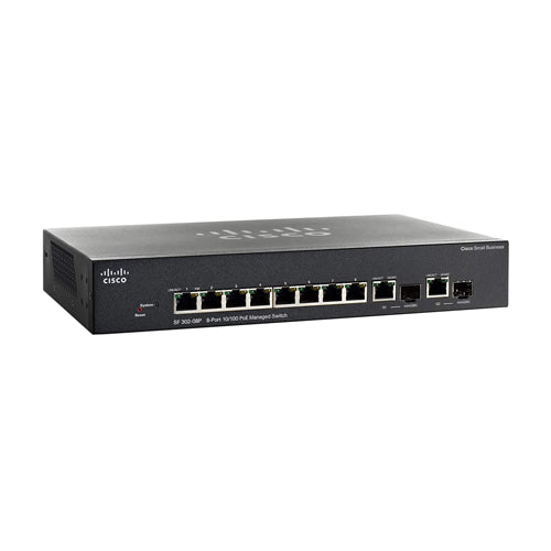 SRW208P-K9-NA-RF Cisco Small Business 300 Series SF302-08P 8 x Ports PoE 10/100Base-TX + 2 x Combo SFP mini-GBIC Ports Layer 3 Managed 1U Rack-Mountable Gigabit Ethernet Netwok Switch