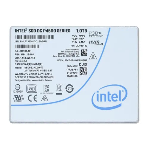SSDPE2KX010T7 Intel P4500 Series 1TB Triple-Level Cell PCI Express NVMe 3.0 x4 2.5-Inch Solid State Drive