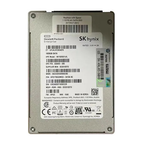 VK1920GFLKL HP 1.92TB Multi-Level Cell SATA 6Gb/s Hot Swappable Read Intensive-3 2.5-Inch Enterprise Solid State Drive with Smart Carrier for ProLiant DL120 Gen9