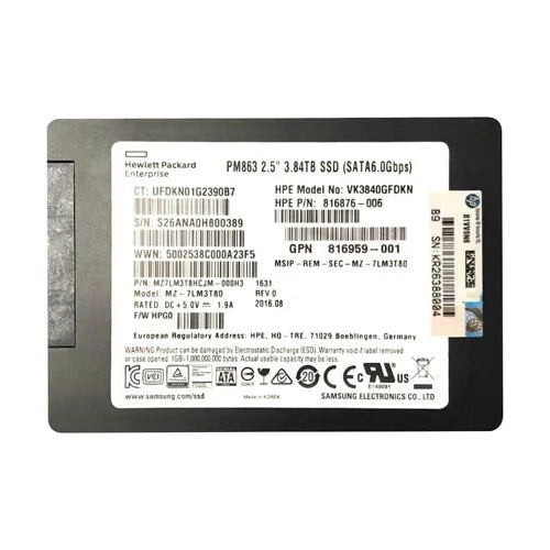 VK3840GFDKN HP 3.84TB SATA 6Gb/s Hot-Pluggable Read Intensive 2.5-Inch Enterprise Solid State Drive for ProLiant Server and Storage Array