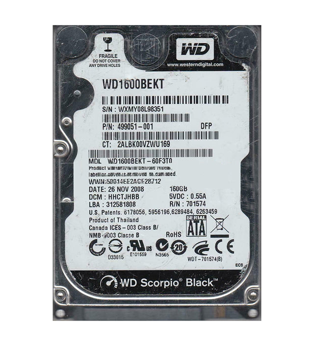 WD1600BEKT-60F3T0 - Western Digital Scorpio Black 160GB 7200RPM SATA 3Gb/s 16MB Cache 2.5-inch Hard Drive