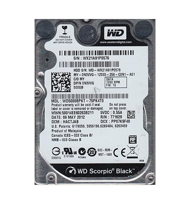 WD5000BPKT-75PK4T0 - Western Digital Scorpio Black 500GB 7200RPM SATA 3Gb/s 16MB Cache 2.5-inch Hard Drive