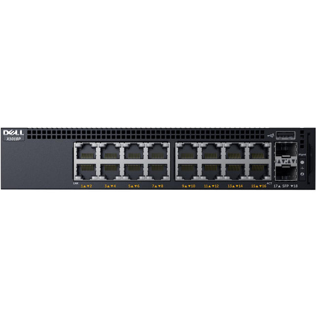 0VV0RJ - Dell Networking X1018P 16 x Ports 10/100/1000Base-T PoE + 2 x Ports Gigabit SFP Rack-Mountable 1U Layer2 Managed Gigabit Ethernet Network Switch