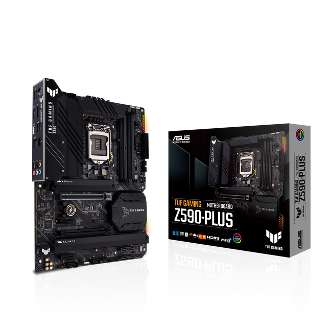 TUF GAMING Z590-PLUS Socket LGA 1200 Intel Z590 Chipset 11th Generation Intel Core Processors & 10th Generation Intel Core/ Pentium Gold & Celeron Processors Support DDR4 4x DIMM 6x SATA 6.0Gb/s ATX Motherboard