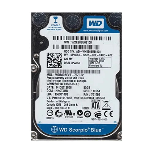 WD800BEVT-75ZCT2-DELL - Dell Scorpio Blue 80GB 5400RPM SATA 3Gb/s 8MB Cache (RoHS) 2.5-Inch Hard Drive